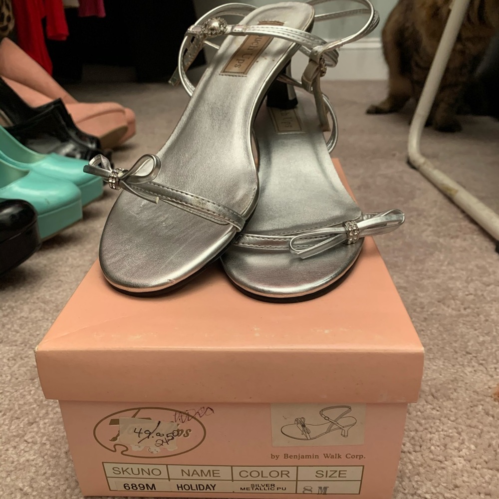 silver strap open toe heels